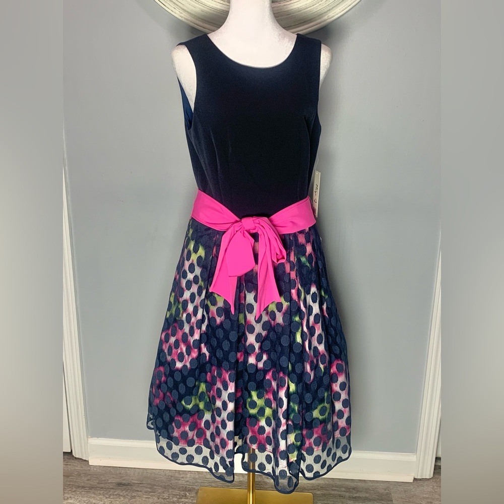 NWT $188 Eliza J Womens Faille Navy Polka Dot Tulle Overlay Sash Dress Size 8